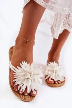 Damskie Klapki Japonki Z Materiałową Ozdobą Białe Eviana