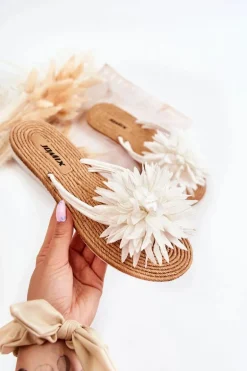 Damskie Klapki Japonki Z Materiałową Ozdobą Białe Eviana