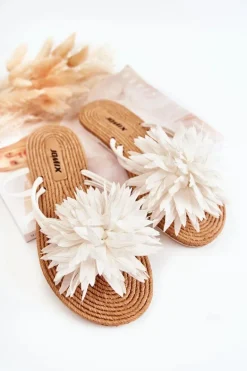 Damskie Klapki Japonki Z Materiałową Ozdobą Białe Eviana