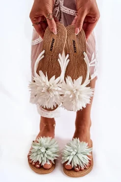 Damskie Klapki Japonki Z Materiałową Ozdobą Białe Eviana