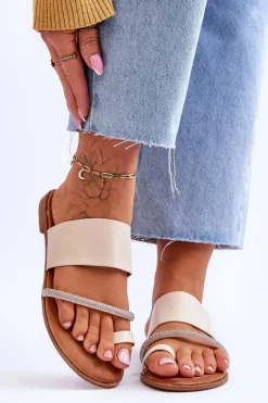 Damskie Klapki Japonki Z Ozdobnym Paskiem Beżowe Sublime