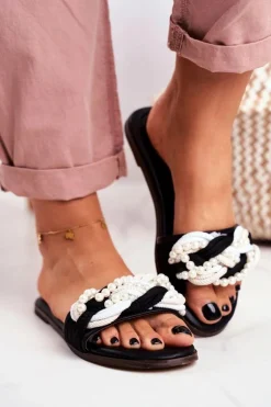 Damskie Klapki Lu Boo Czarne Perełki Plecionki Flora