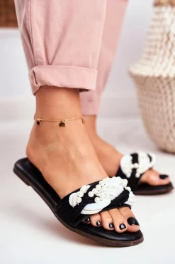 Damskie Klapki Lu Boo Czarne Perełki Plecionki Flora