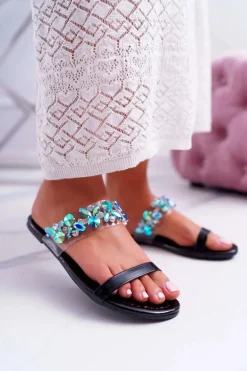 Damskie Klapki Lu Boo Eleganckie Z Cyrkoniami Czarne Elementary