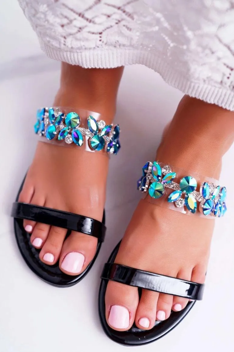 Damskie Klapki Lu Boo Eleganckie Z Cyrkoniami Czarne Elementary