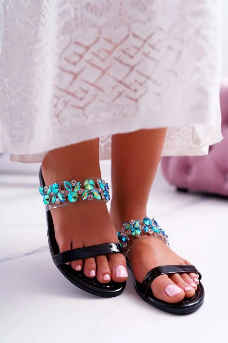 Damskie Klapki Lu Boo Eleganckie Z Cyrkoniami Czarne Elementary