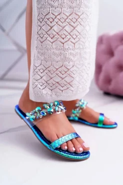 Damskie Klapki Lu Boo Eleganckie Z Cyrkoniami Niebieskie Elementary