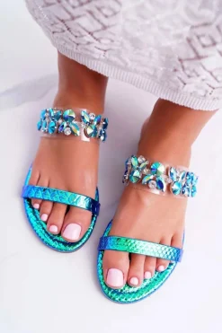 Damskie Klapki Lu Boo Eleganckie Z Cyrkoniami Niebieskie Elementary