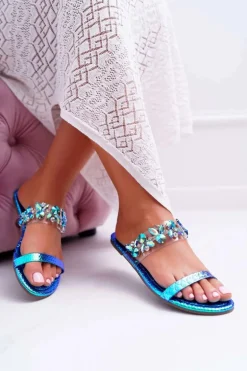 Damskie Klapki Lu Boo Eleganckie Z Cyrkoniami Niebieskie Elementary