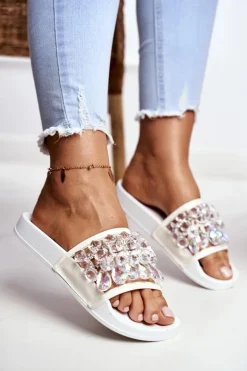 Damskie Klapki Lu Boo Kryształki Białe Bobbi