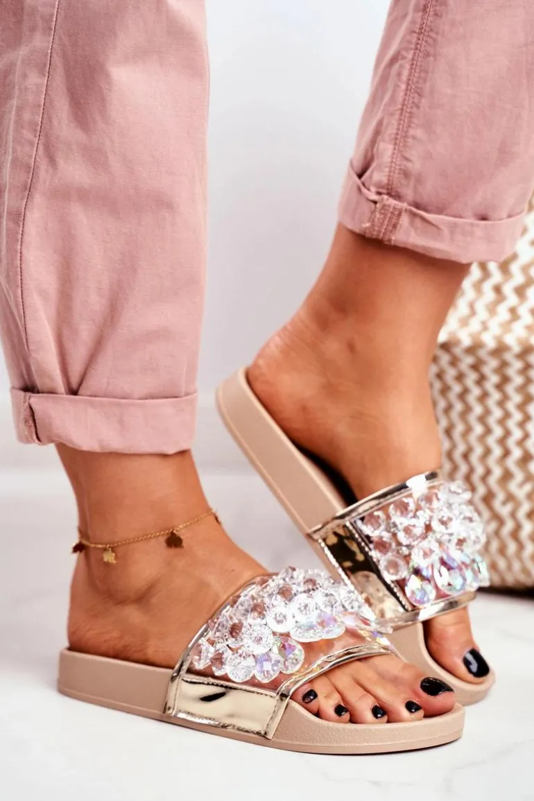 Damskie Klapki Lu Boo Kryształki Beżowe Bobbi