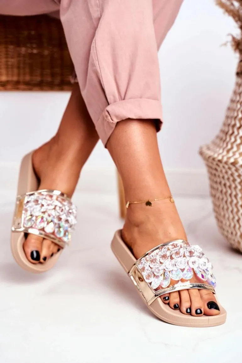 Damskie Klapki Lu Boo Kryształki Beżowe Bobbi