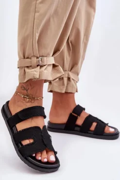 Damskie Klapki Materiałowe Na Rzep Czarne Lamirose