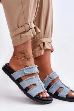 Damskie Klapki Materiałowe Na Rzep Niebieskie Lamirose