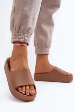 Damskie Klapki Na Grubej Podeszwie Brązowe Oreithano