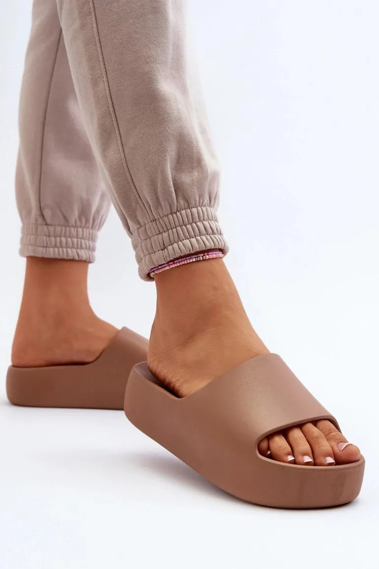 Damskie Klapki Na Grubej Podeszwie Brązowe Oreithano