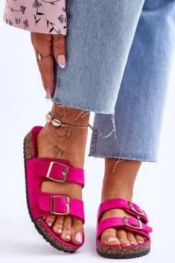 Damskie Klapki Na Korkowej Platformie Z Paskami Fuksja Doretta