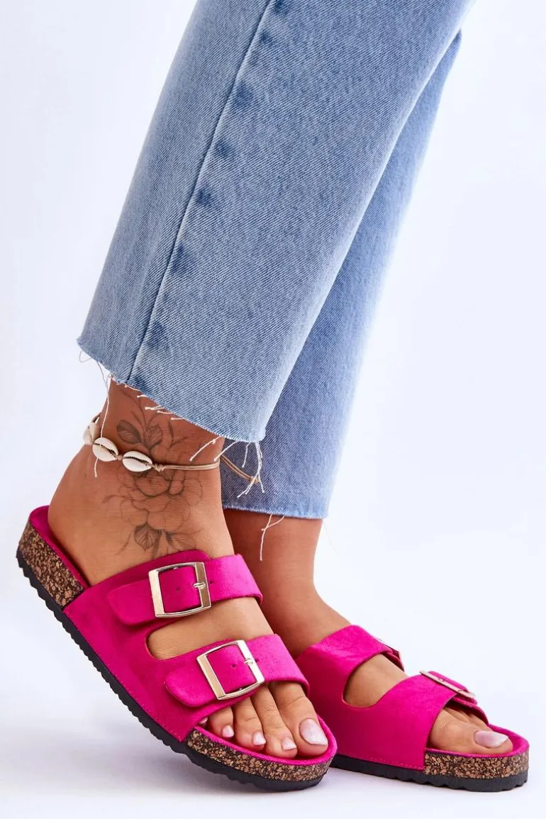 Damskie Klapki Na Korkowej Platformie Z Paskami Fuksja Doretta