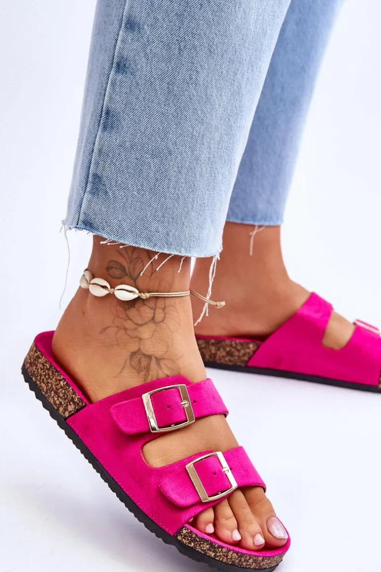 Damskie Klapki Na Korkowej Platformie Z Paskami Fuksja Doretta