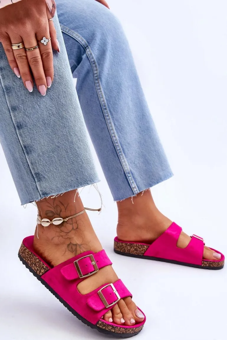 Damskie Klapki Na Korkowej Platformie Z Paskami Fuksja Doretta