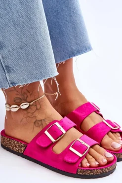 Damskie Klapki Na Korkowej Platformie Z Paskami Fuksja Doretta