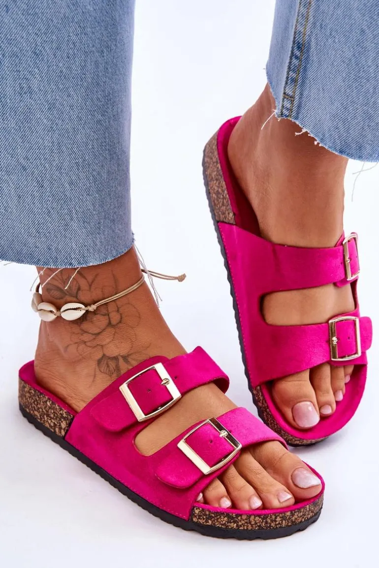 Damskie Klapki Na Korkowej Platformie Z Paskami Fuksja Doretta