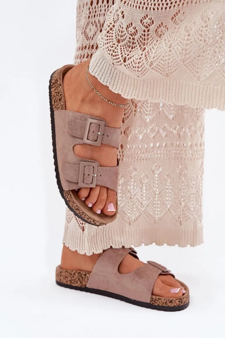 Damskie Klapki Na Korkowej Platformie Z Klamrami Ciemnobeżowe Aviora