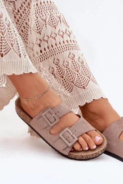 Damskie Klapki Na Korkowej Platformie Z Klamrami Ciemnobeżowe Aviora