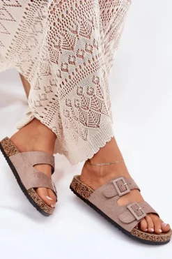 Damskie Klapki Na Korkowej Platformie Z Klamrami Ciemnobeżowe Aviora