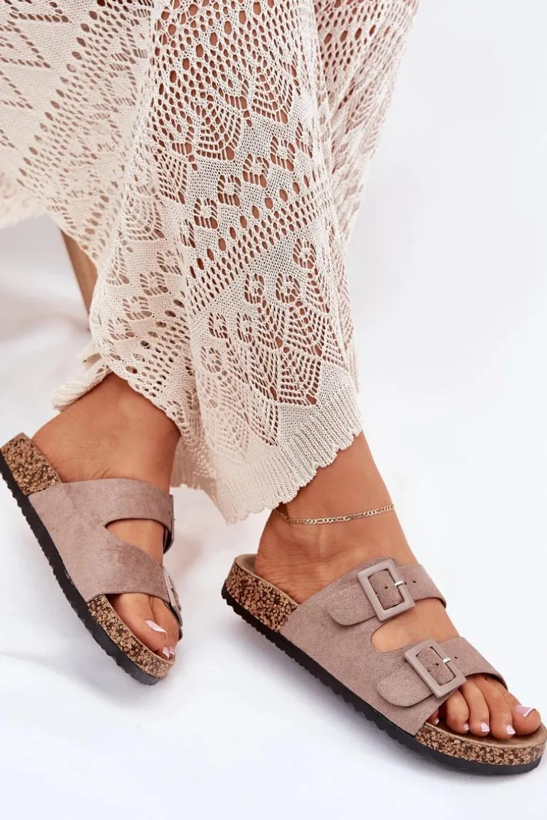 Damskie Klapki Na Korkowej Platformie Z Klamrami Ciemnobeżowe Aviora