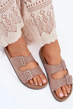 Damskie Klapki Na Korkowej Platformie Z Klamrami Ciemnobeżowe Aviora