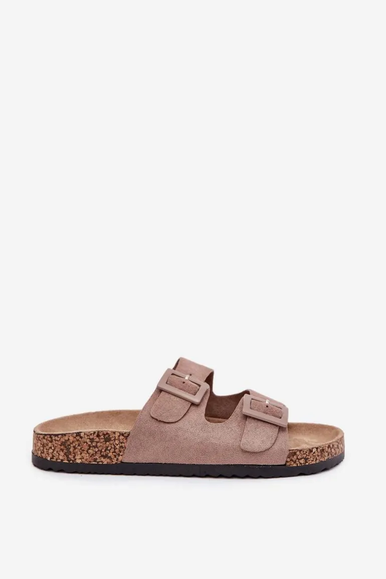 Damskie Klapki Na Korkowej Platformie Z Klamrami Ciemnobeżowe Aviora