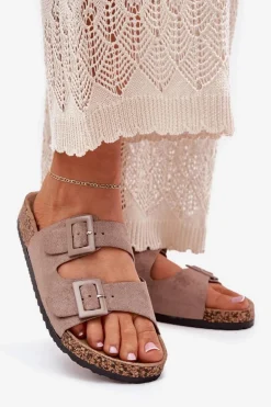 Damskie Klapki Na Korkowej Platformie Z Klamrami Ciemnobeżowe Aviora