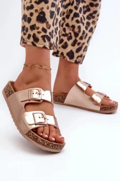 Damskie Klapki Na Korkowej Platformie Z Klamrami Różowe Złoto Klinesta