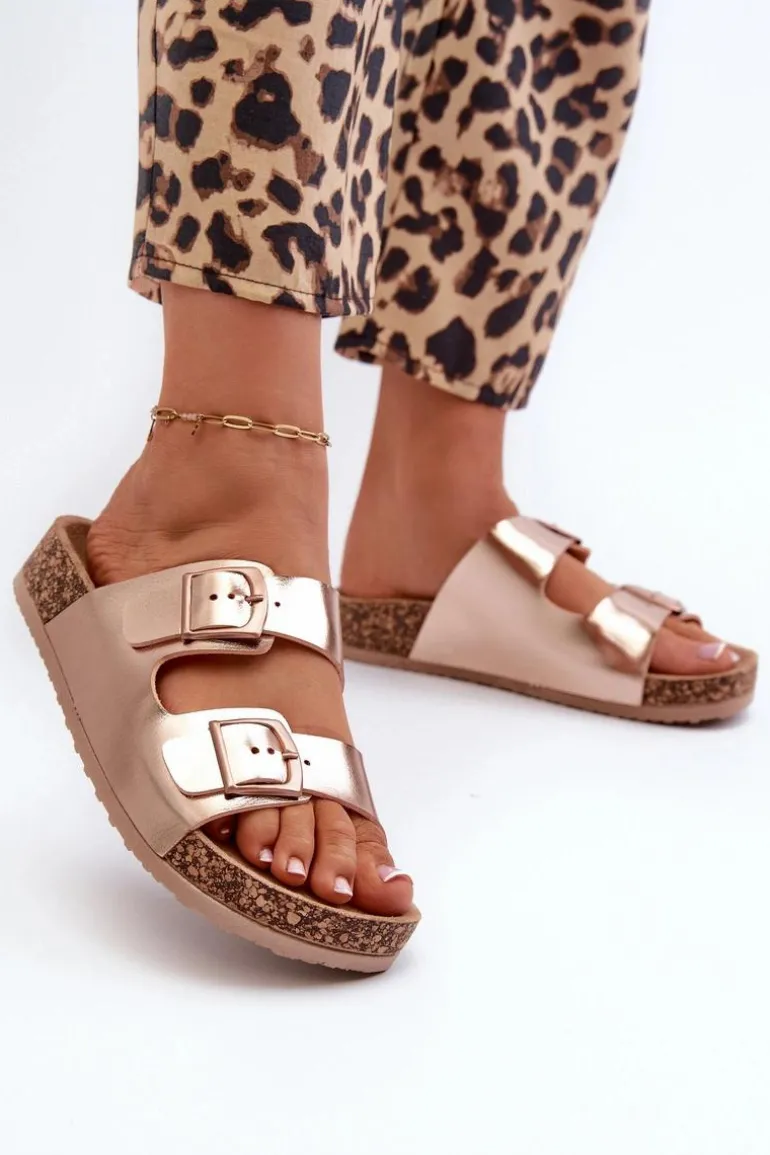 Damskie Klapki Na Korkowej Platformie Z Klamrami Różowe Złoto Klinesta