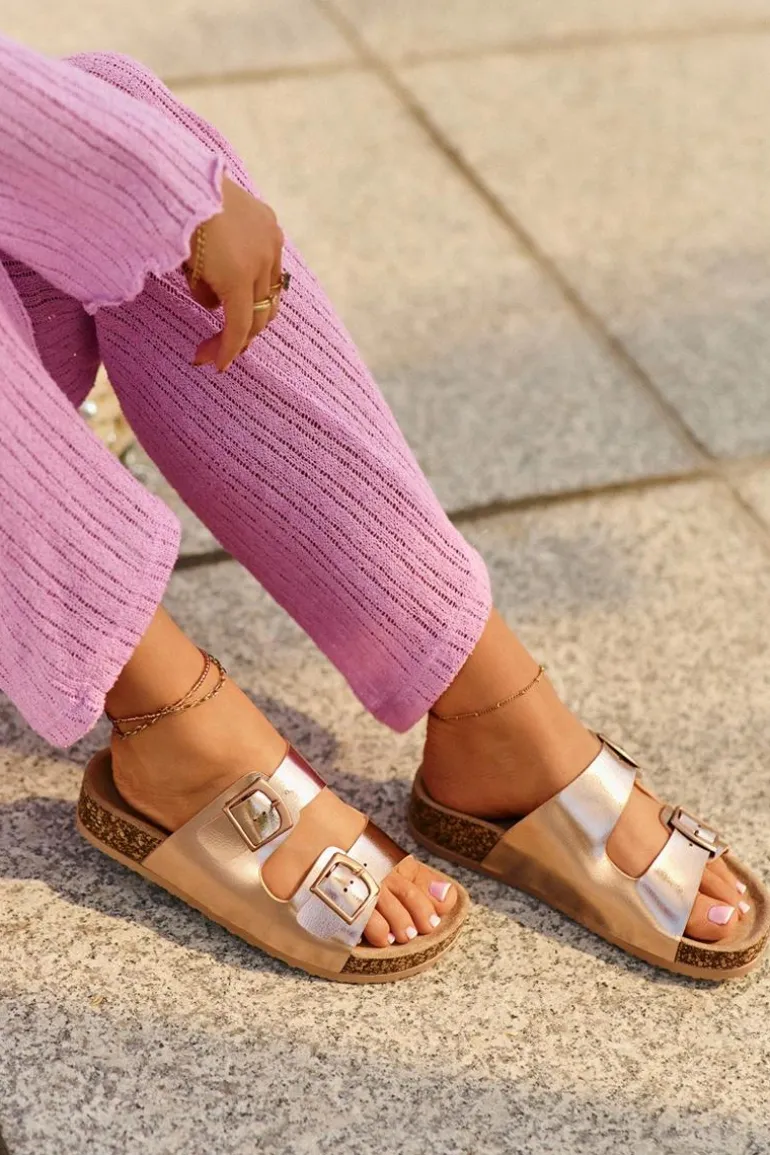 Damskie Klapki Na Korkowej Platformie Z Klamrami Różowe Złoto Klinesta