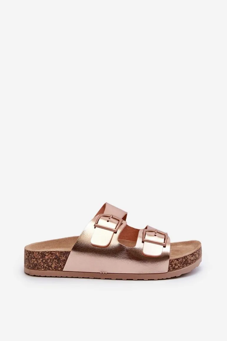 Damskie Klapki Na Korkowej Platformie Z Klamrami Różowe Złoto Klinesta