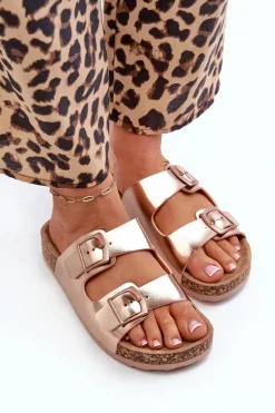 Damskie Klapki Na Korkowej Platformie Z Klamrami Różowe Złoto Klinesta