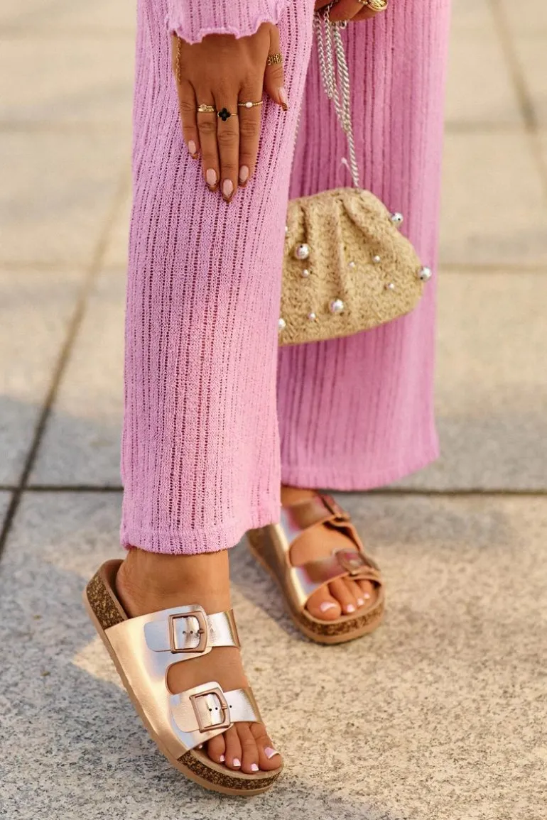 Damskie Klapki Na Korkowej Platformie Z Klamrami Różowe Złoto Klinesta