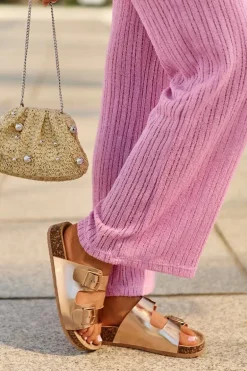 Damskie Klapki Na Korkowej Platformie Z Klamrami Różowe Złoto Klinesta