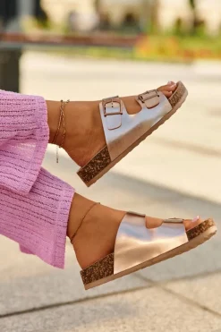 Damskie Klapki Na Korkowej Platformie Z Klamrami Różowe Złoto Klinesta