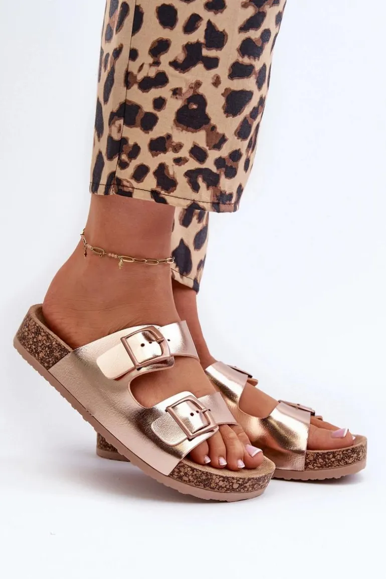 Damskie Klapki Na Korkowej Platformie Z Klamrami Różowe Złoto Klinesta