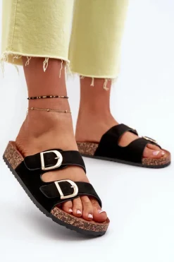 Damskie Klapki Na Korkowej Platformie Z Paskami Czarne Doretta