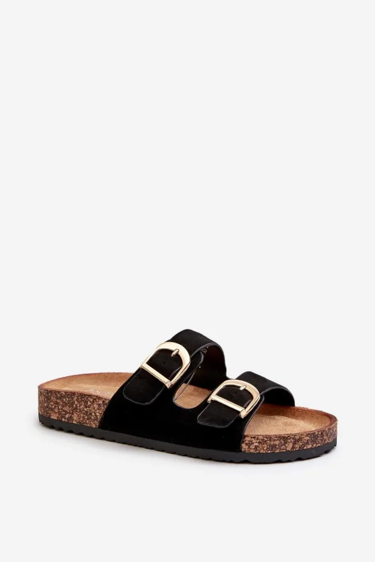 Damskie Klapki Na Korkowej Platformie Z Paskami Czarne Doretta