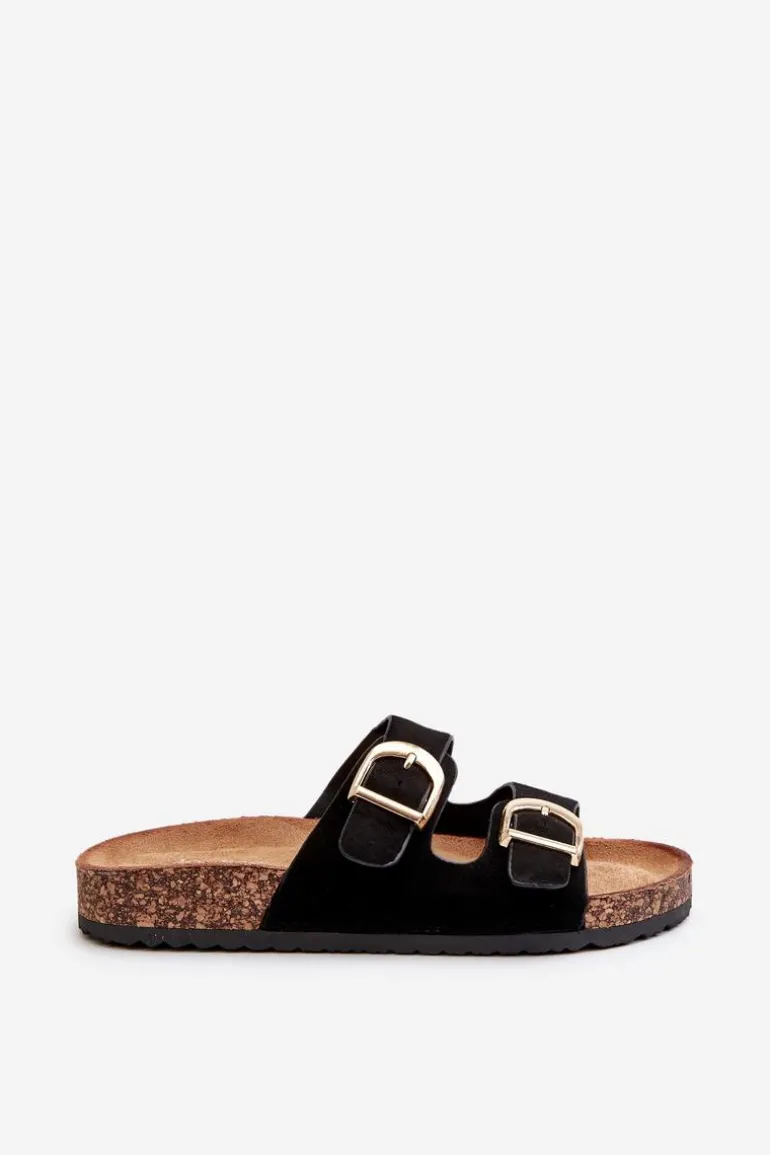 Damskie Klapki Na Korkowej Platformie Z Paskami Czarne Doretta