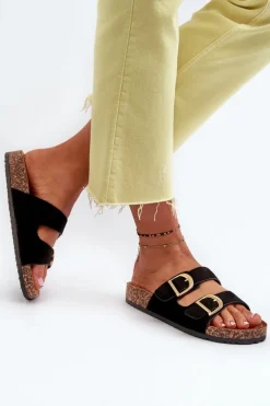 Damskie Klapki Na Korkowej Platformie Z Paskami Czarne Doretta