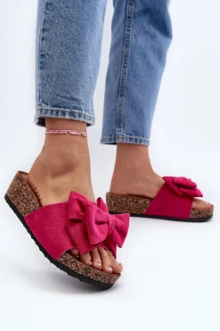 Damskie Klapki Na Korkowej Platformie Z Kokardą Fuksja Tarena