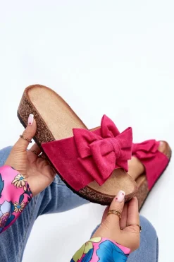 Damskie Klapki Na Korkowej Platformie Z Kokardą Fuksja Tarena