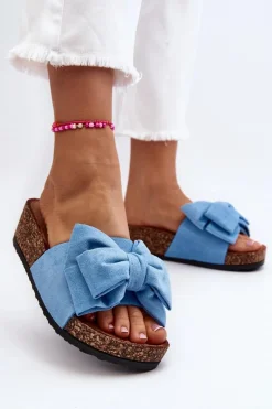 Damskie Klapki Na Korkowej Platformie Z Kokardą Niebieskie Tarena