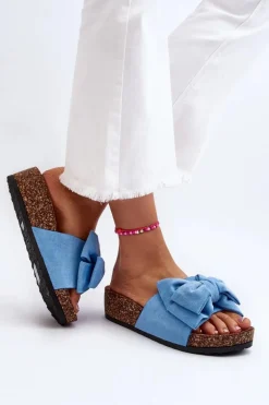 Damskie Klapki Na Korkowej Platformie Z Kokardą Niebieskie Tarena